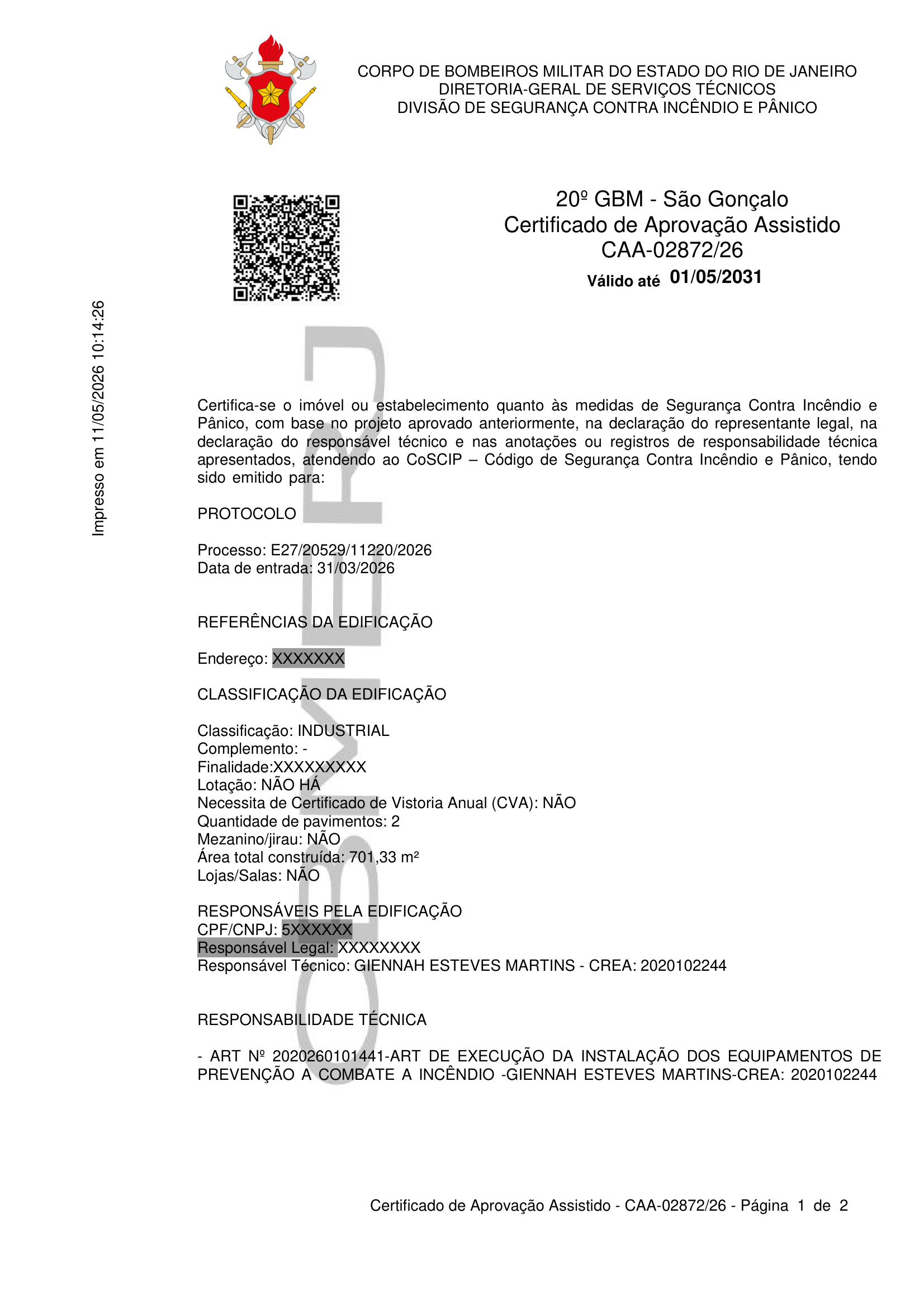 Certificado de Aprovação Assistido emitido pelo CBMERJ para projeto da Proeng